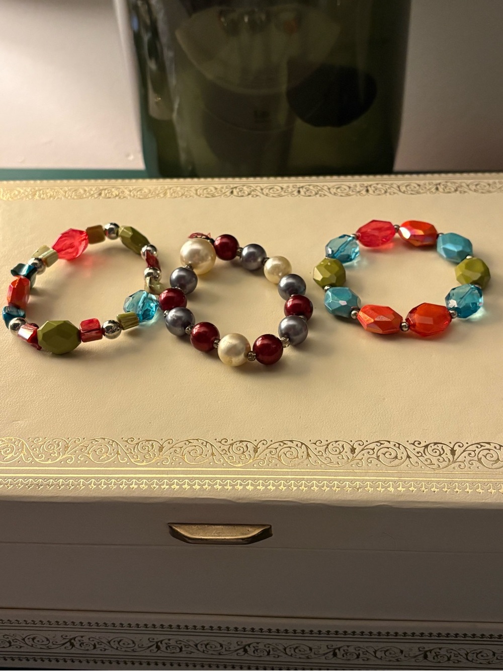 Vintage Colorful Beaded Bracelet Set for Women - Olive, Red, Blue